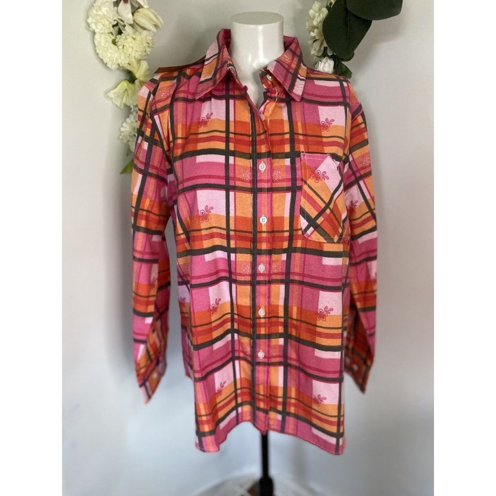 American Sweetheart Women's Pink Orange Flannel Cotton Plaid Shirt‎ Size L NWOT